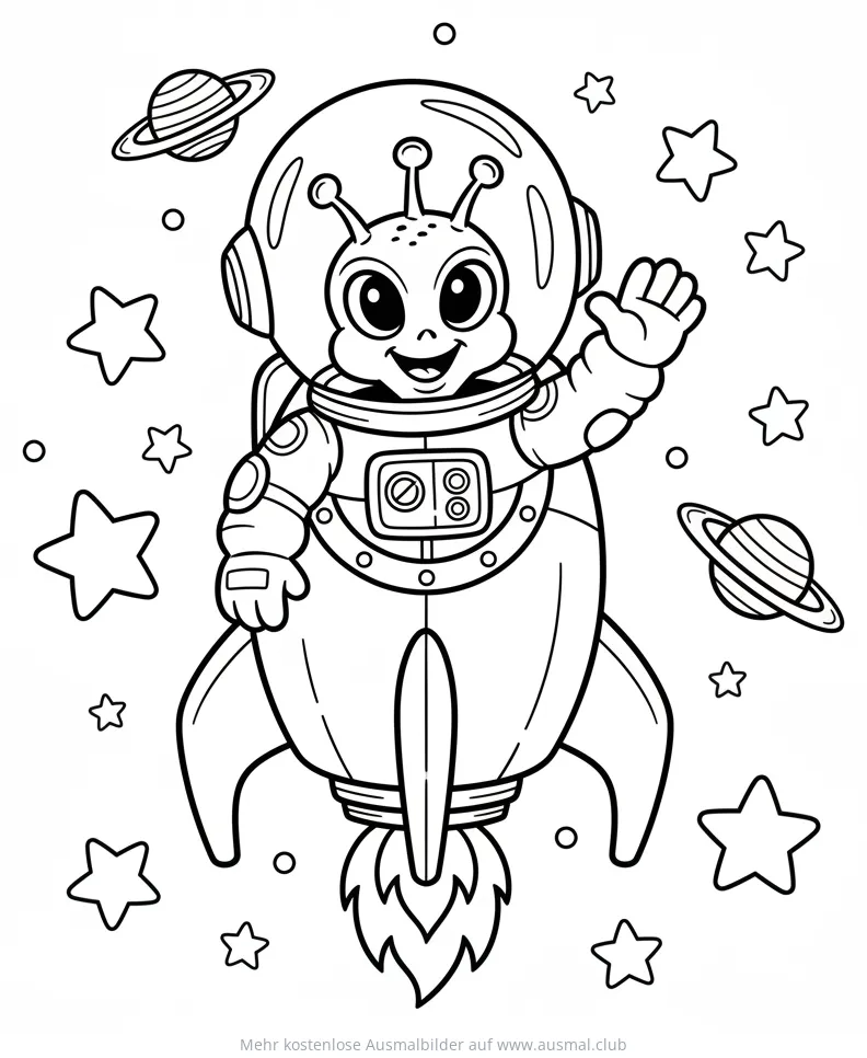 Alien Astronaut fliegt im Raumschiff durchs All, Ausmalbild