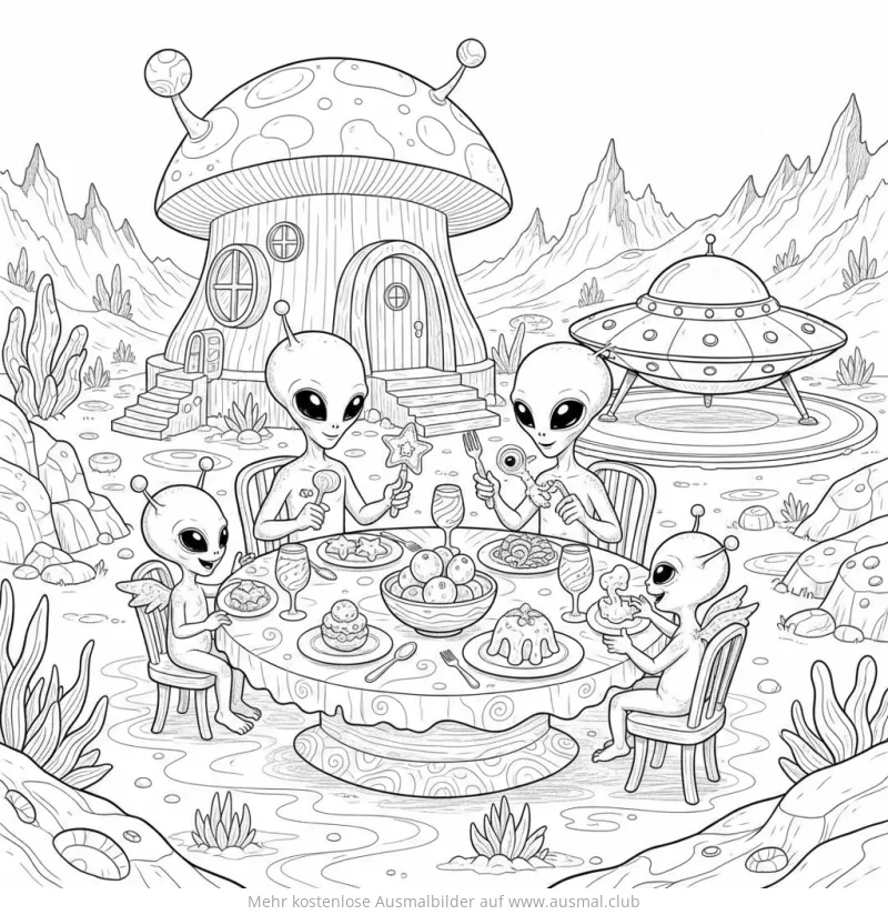 Alien Familie beim Essen Ausmalbild