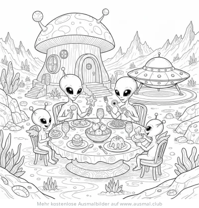 Alien Familie beim Essen Ausmalbild