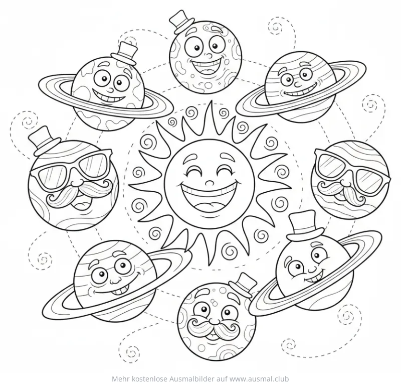 Lustige Sonne und Planeten mit Hüten und Schnurrbärten Ausmalbild