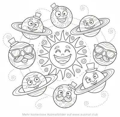 Lustige Sonne und Planeten mit Hüten und Schnurrbärten Ausmalbild