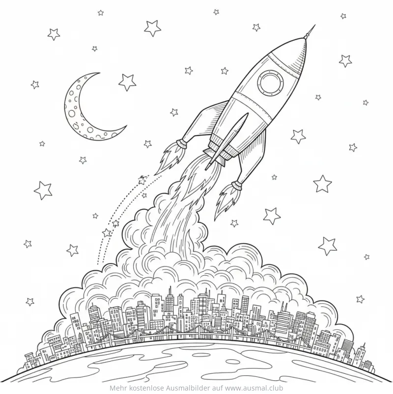 Raketenstart über Stadt mit Mond und Sternen Ausmalbild