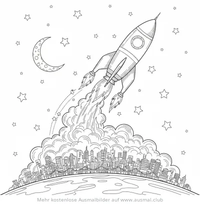 Raketenstart über Stadt mit Mond und Sternen Ausmalbild