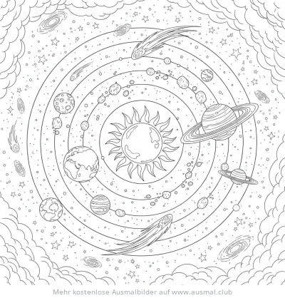 Sonnensystem Ausmalbild mit Sonne, Planeten, Asteroiden und Kometen