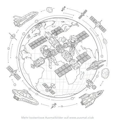 Raumstation mit Astronauten, Raumschiffen und Satelliten Ausmalbild