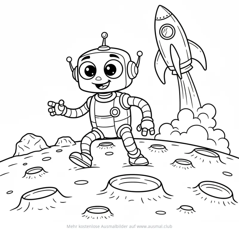 Freundlicher Roboter auf dem Mond, Rakete startet im Hintergrund Ausmalbild