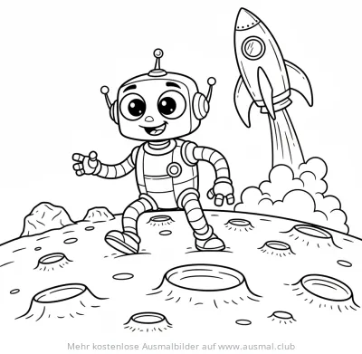 Freundlicher Roboter auf dem Mond, Rakete startet im Hintergrund Ausmalbild