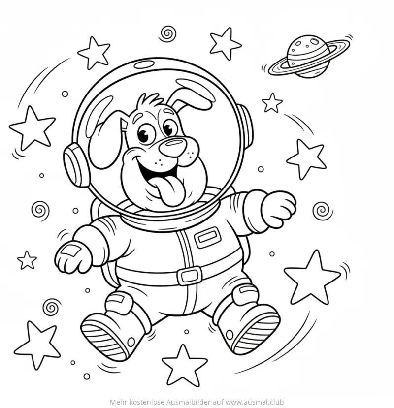 Hund im Astronautenanzug Ausmalbild im Weltraum