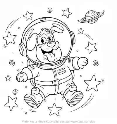 Hund im Astronautenanzug Ausmalbild im Weltraum