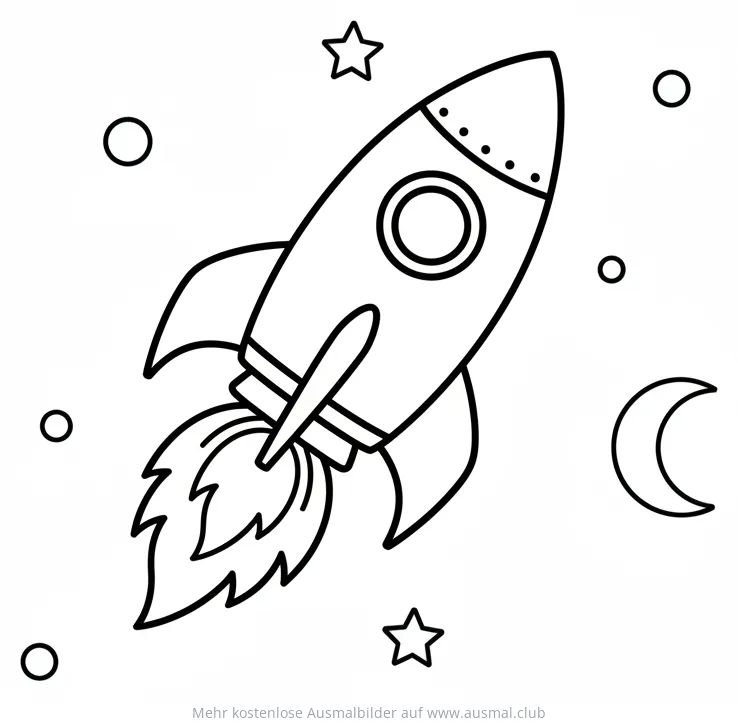 Rakete Ausmalbild mit Sternen und Mond