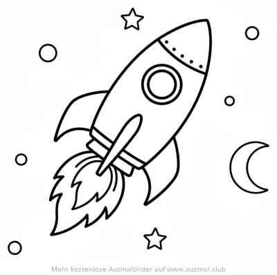 Rakete Ausmalbild mit Sternen und Mond