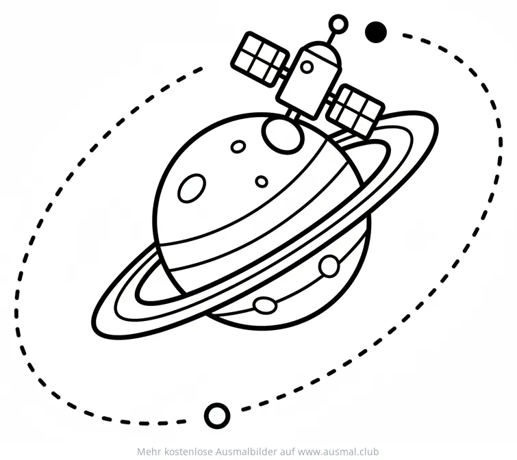 Satellit umkreist Planet mit Ringe Ausmalbild