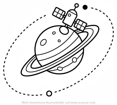 Satellit umkreist Planet mit Ringe Ausmalbild