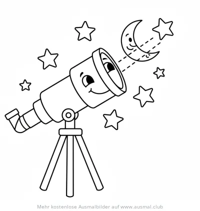 Freundliches Teleskop blickt auf Mond und Sterne Ausmalbild