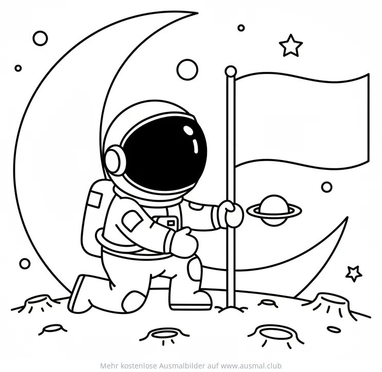 Astronaut auf dem Mond mit Flagge Ausmalbild