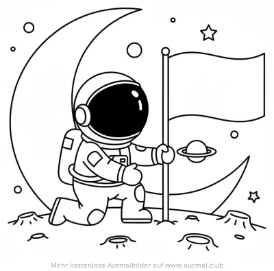 Astronaut auf dem Mond mit Flagge Ausmalbild