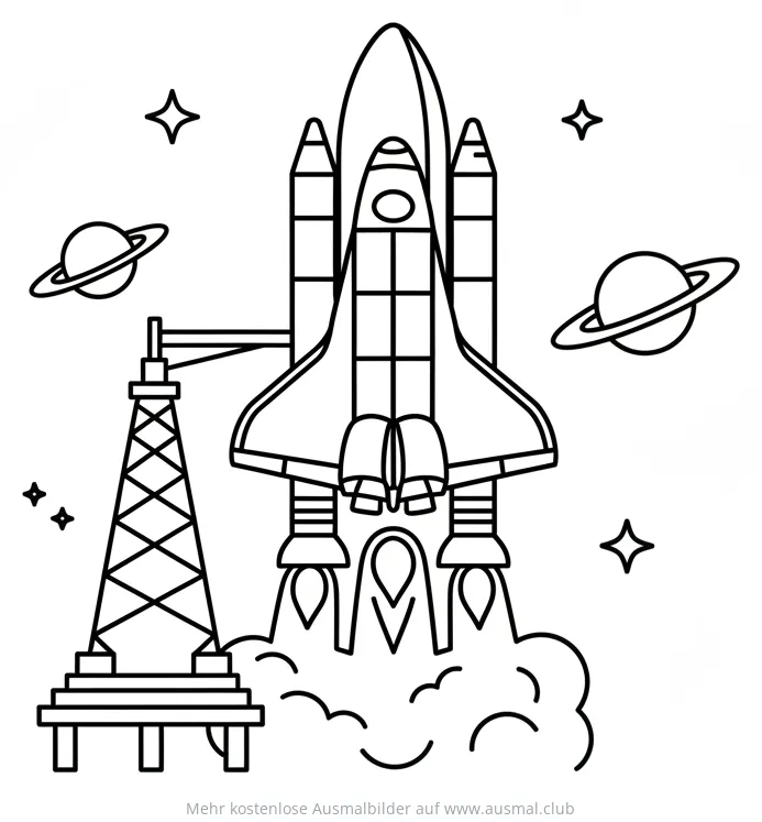 Space Shuttle beim Start Ausmalbild mit Planeten