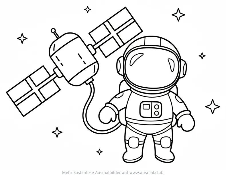 Astronaut mit Raumstation im Weltraum Ausmalbild
