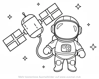 Astronaut mit Raumstation im Weltraum Ausmalbild