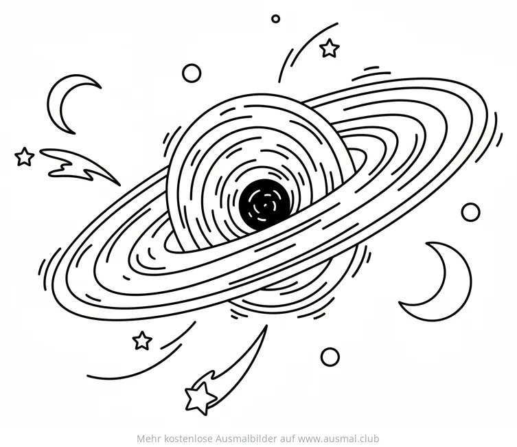 Schwarzes Loch mit Ring, Sternen, Kometen und Mond Ausmalbild