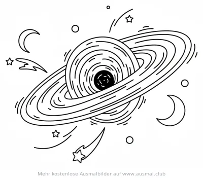 Schwarzes Loch mit Ring, Sternen, Kometen und Mond Ausmalbild