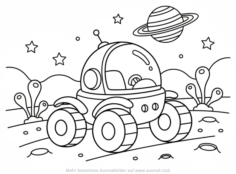 Rover Ausmalbild auf fremder Planetenoberfläche mit Sternen und Ringplanet