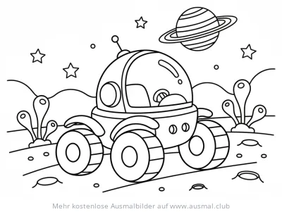 Rover Ausmalbild auf fremder Planetenoberfläche mit Sternen und Ringplanet