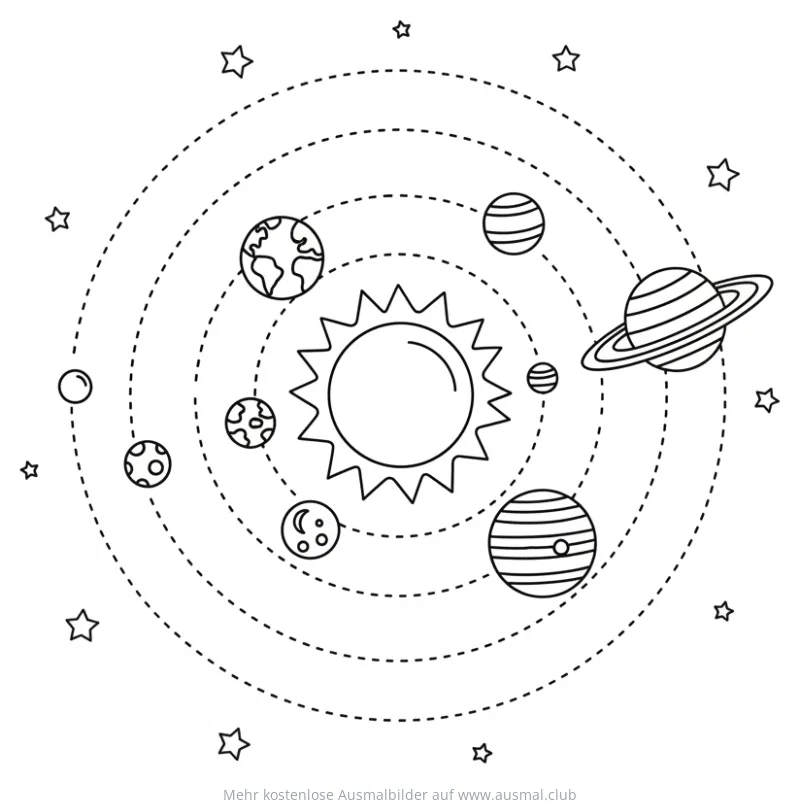 Sonnensystem Ausmalbild mit Sonne, Planeten und Sternen