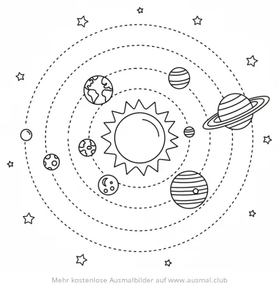 Sonnensystem Ausmalbild mit Sonne, Planeten und Sternen