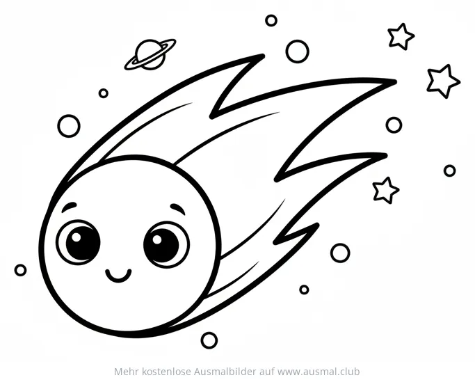 Freundlicher Komet mit Schweif, Sternen und Planet Ausmalbild