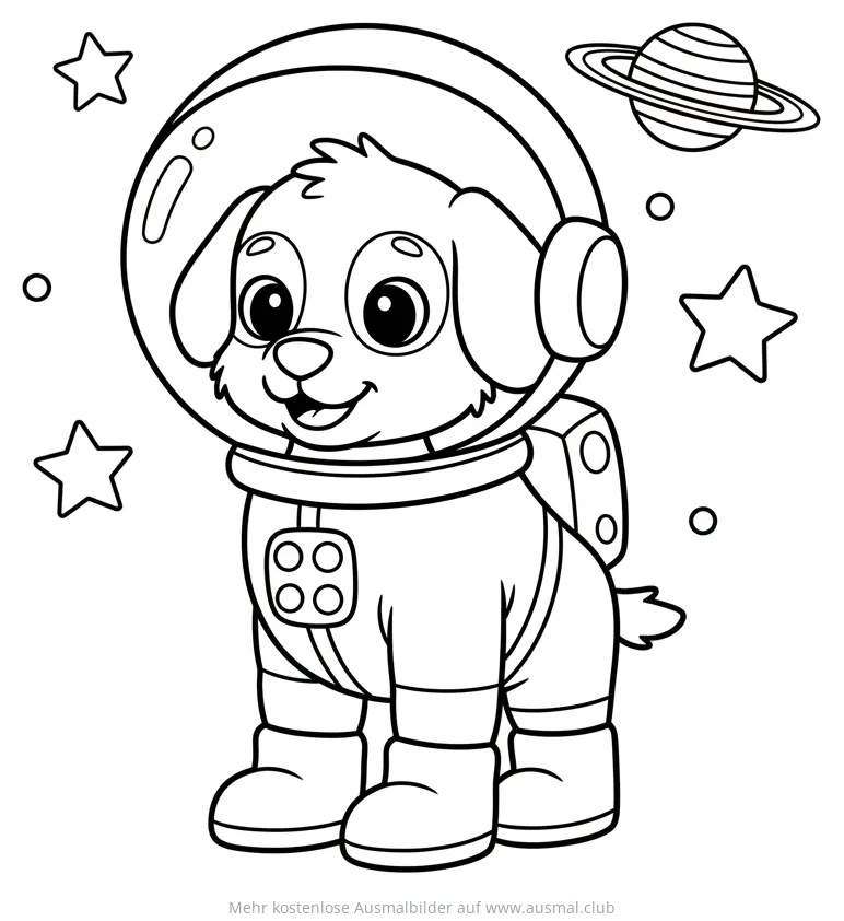 Hund im Astronautenanzug Ausmalbild im Weltraum