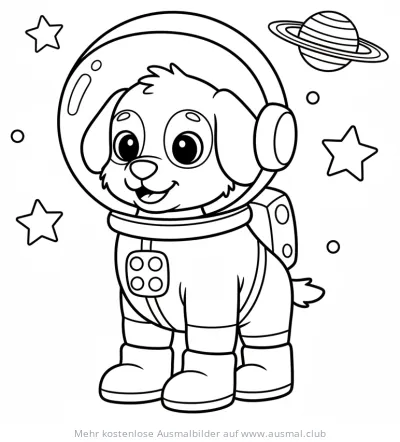 Hund im Astronautenanzug Ausmalbild im Weltraum