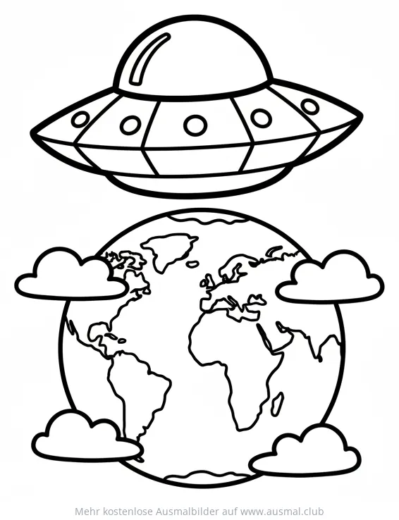 UFO über der Erde Ausmalbild mit Wolken