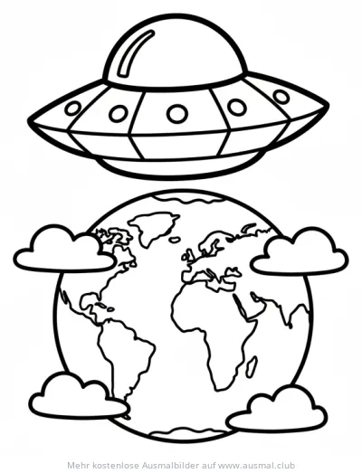 UFO über der Erde Ausmalbild mit Wolken
