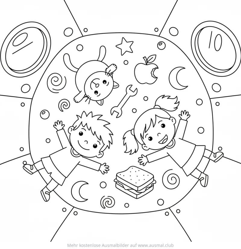 Junge und Mädchen schweben in Raumkapsel Ausmalbild