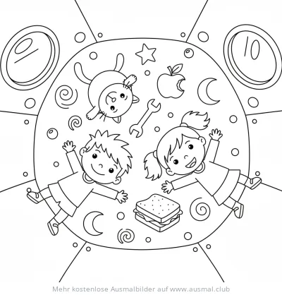Junge und Mädchen schweben in Raumkapsel Ausmalbild