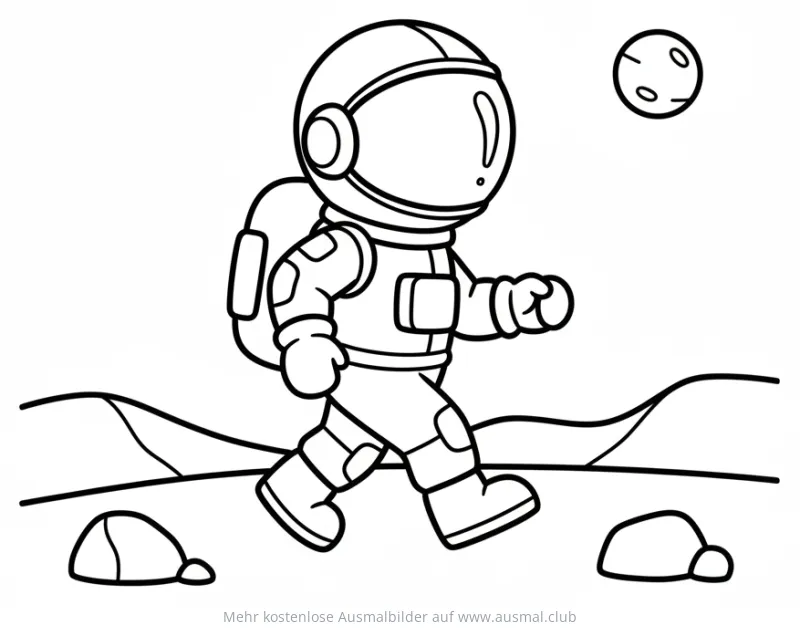 Astronaut im Raumanzug spaziert auf fremdem Planeten Ausmalbild