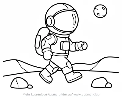 Astronaut im Raumanzug spaziert auf fremdem Planeten Ausmalbild