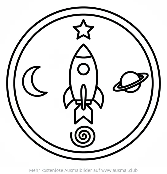 Weltraum Kompass Ausmalbild mit Rakete, Mond, Stern und Planet