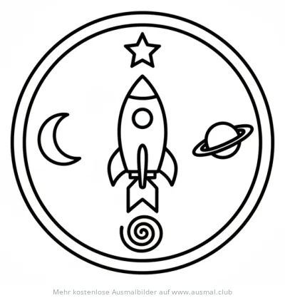 Weltraum Kompass Ausmalbild mit Rakete, Mond, Stern und Planet