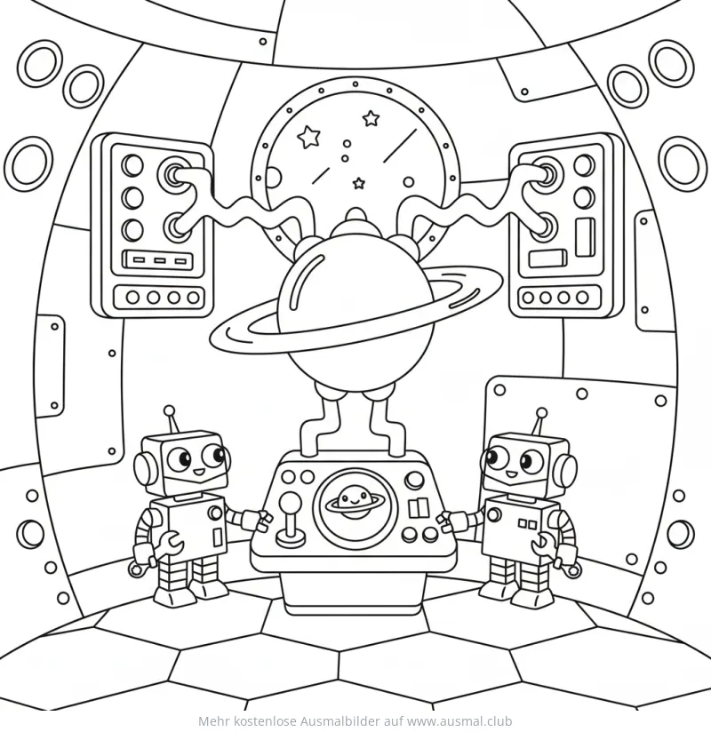 Gravitationsmaschine im Raumschiff mit zwei Roboter Ausmalbild