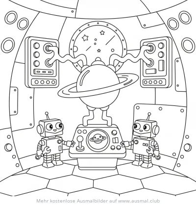 Gravitationsmaschine im Raumschiff mit zwei Roboter Ausmalbild