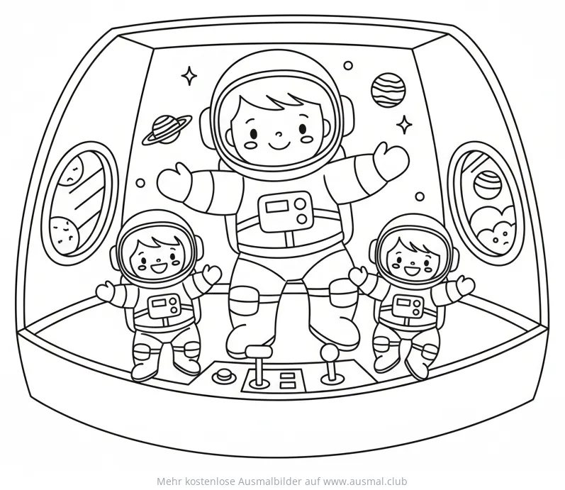Astronautenfamilie im Raumschiff Ausmalbild