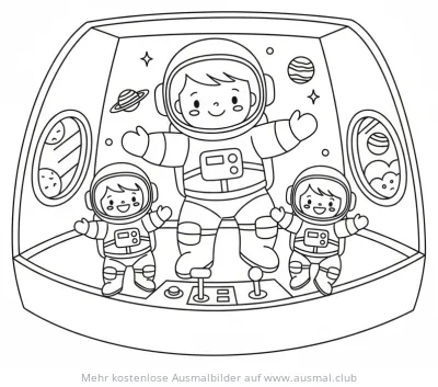 Astronautenfamilie im Raumschiff Ausmalbild