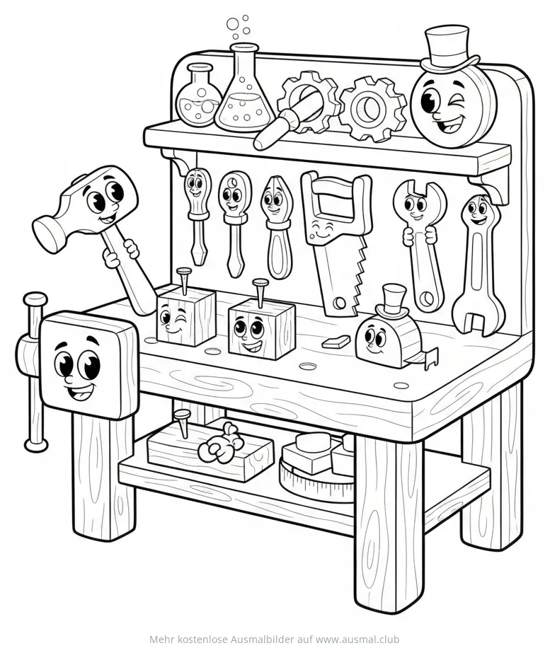 Werkbank Ausmalbild mit freundlichen Werkzeugen