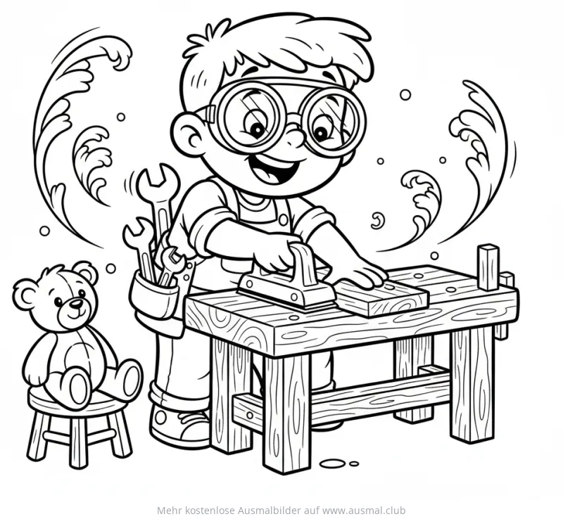Junge an Werkbank mit Teddybär Ausmalbild