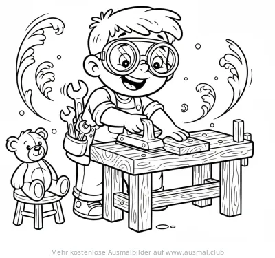 Junge an Werkbank mit Teddybär Ausmalbild