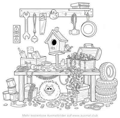 Werkbank Ausmalbild mit Werkzeug, Schrauben, Vogelhäuschen und einem lustigen Monster