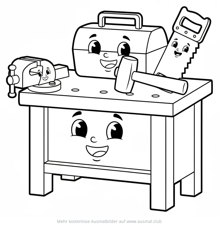 Werkbank mit Werkzeugkasten, Säge, Hammer und Schraubstock Ausmalbild
