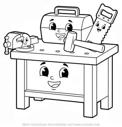 Werkbank mit Werkzeugkasten, Säge, Hammer und Schraubstock Ausmalbild